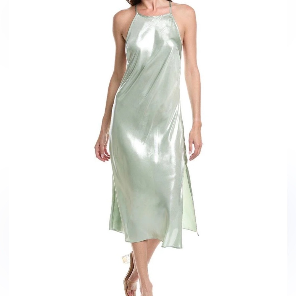 Free People Sunset Shimmer Satin Midi Slipdress Dress - Light Green NWT